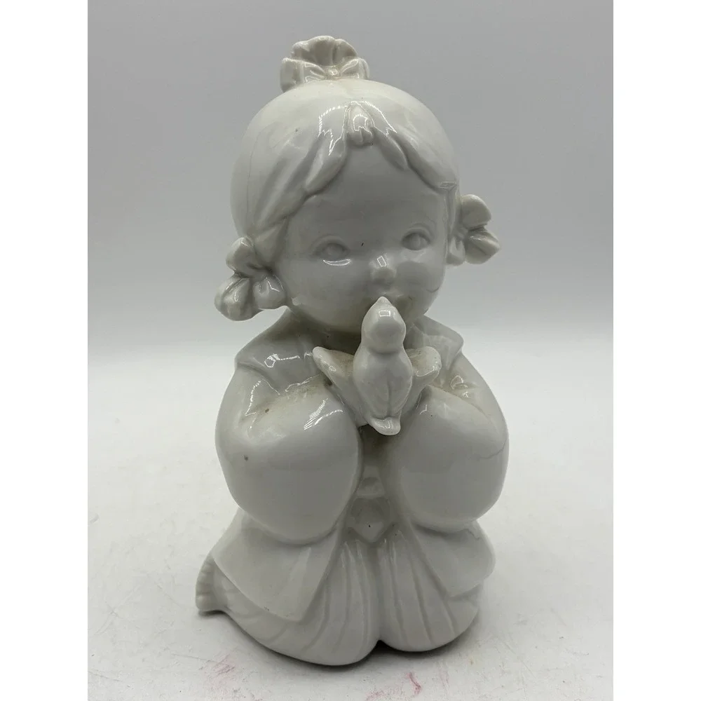 Vintage White Porcelain Girl Holding Bird Figurine 6